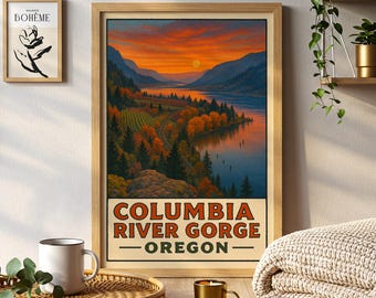 May include: Framed print of the Columbia River Gorge in Oregon. The artwork depicts a scenic landscape with a river, mountains, and colorful autumn foliage under a sunset sky. The print includes the text "COLUMBIA RIVER GORGE - OREGON".