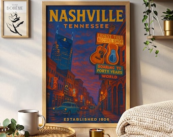 Nashville Tennessee Reise Poster Gemälde Musik Stadt Skyline Wandkunst