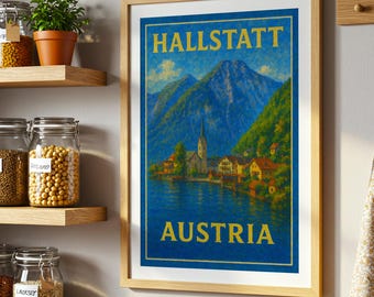 Affiche de voyage peinte Hallstatt Autriche, village alpin pittoresque, lac, art mural
