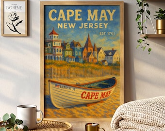 Poster di viaggio di Cape May, New Jersey, dipinto, arte murale costiera sul mare
