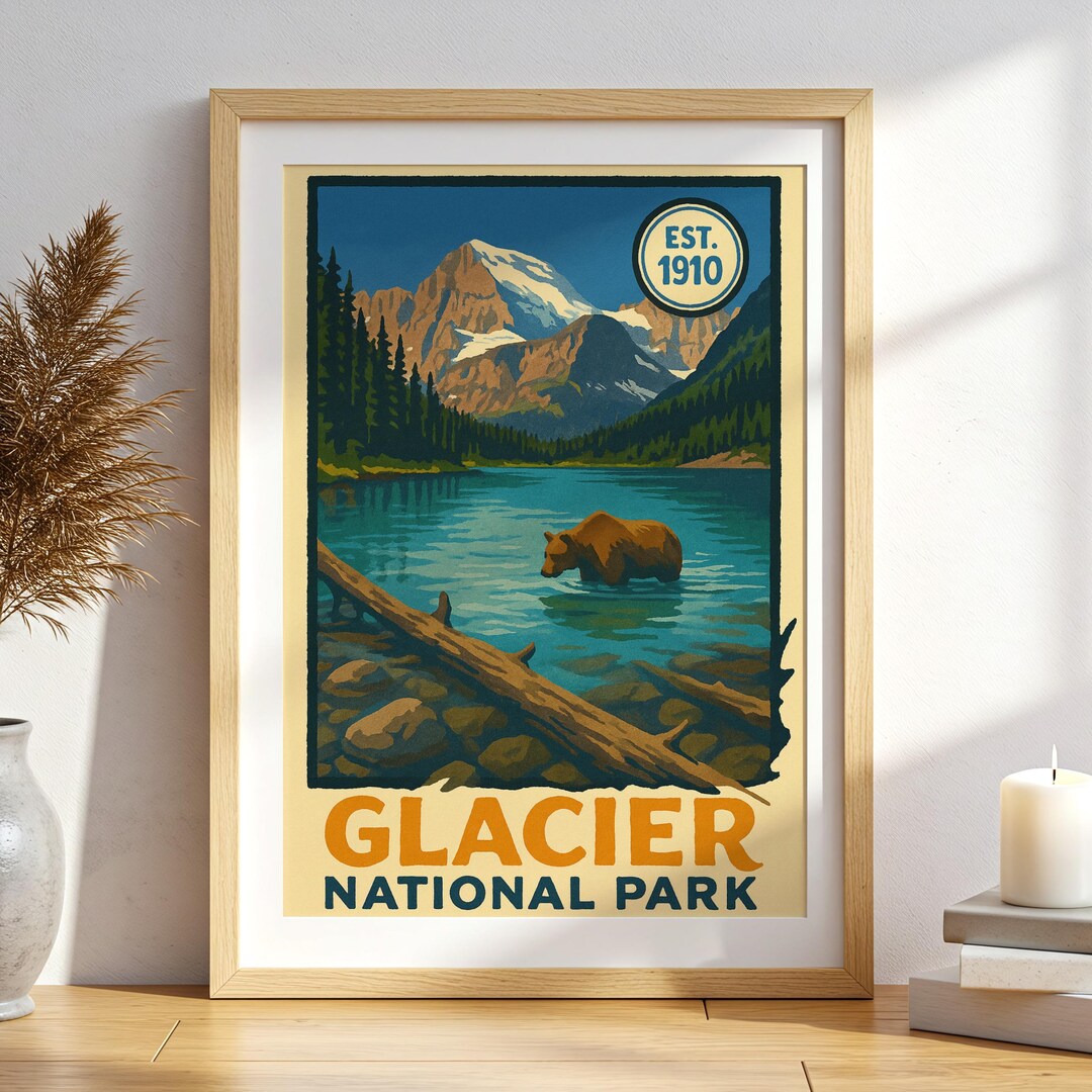 Glacier National Park Vintage Poster, Montana Mountain Landscape Print ...