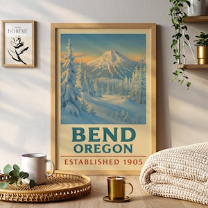 Bend Oregon Poster, Cascade Mountain Print, PNW Travel Art