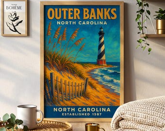 Poster di viaggio di Outer Banks, Carolina del Nord, dipinto, arte murale sulla spiaggia costiera