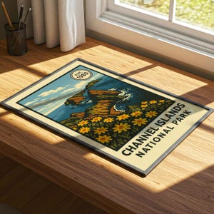 May include: Framed art print with a vintage illustration of the Channel Islands National Park. The artwork shows a coastal scene with cliffs, ocean waves, and yellow flowers. The print includes the text "Channel Islands National Park" and "Est. 1980".