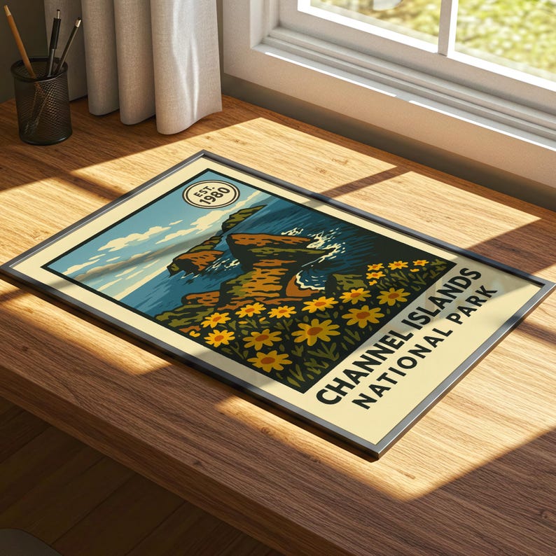 May include: Framed art print with a vintage illustration of the Channel Islands National Park. The artwork shows a coastal scene with cliffs, ocean waves, and yellow flowers. The print includes the text "Channel Islands National Park" and "Est. 1980".