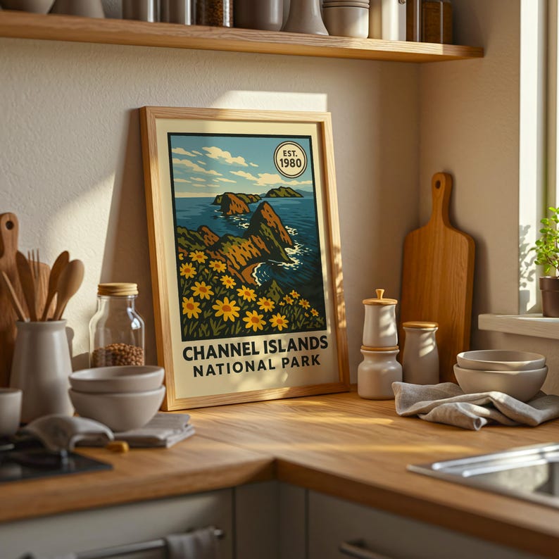 May include: A framed poster with a vintage travel illustration of the Channel Islands National Park. The artwork shows coastal cliffs, ocean waves, and yellow flowers, with the text "Channel Islands National Park" and "Est. 1980".