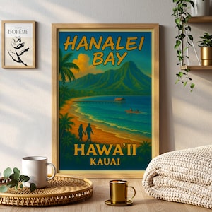 Hanalei Bay Hawaii Travel Poster Painting Tropical Coastal Wall Art