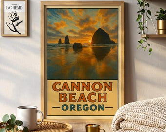 May include: Framed art print of Cannon Beach, Oregon, featuring a sunset over the ocean with large rock formations. The print has a vintage travel poster style with the words "Cannon Beach Oregon" in orange and white text.