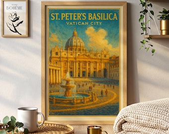 May include: Framed print of St. Peter's Basilica in Vatican City. The artwork features a detailed illustration of the basilica with a fountain in the foreground. The print has a vintage travel poster style with a blue and yellow color scheme.
