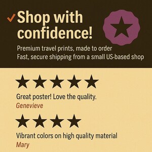May include: A promotional image with text that reads "Shop with confidence!" and "Premium travel prints, made to order." The image also includes customer reviews with star ratings and the names Genevieve and Mary.