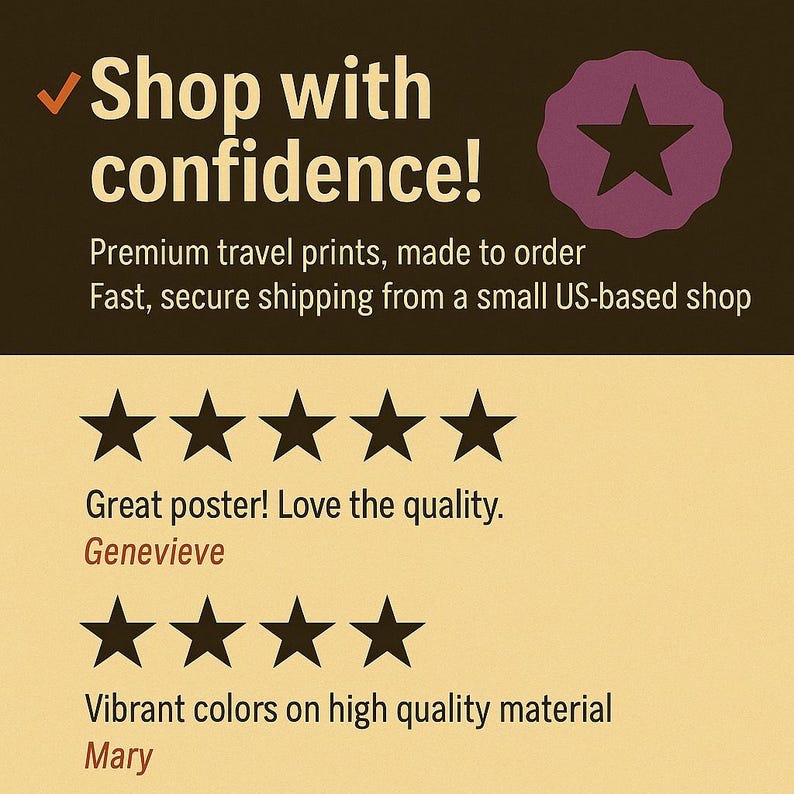 May include: A promotional image with text that reads "Shop with confidence!" and "Premium travel prints, made to order." The image also includes customer reviews with star ratings and the names Genevieve and Mary.