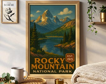 Póster del Parque Nacional de las Montañas Rocosas, arte de viaje vintage de Colorado