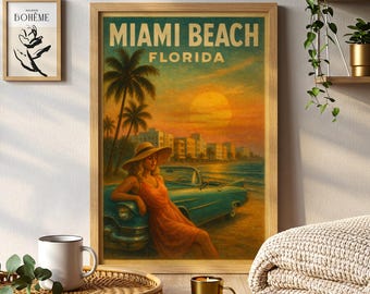 May include: A framed vintage travel poster for Miami Beach, Florida, featuring a woman in a dress and hat leaning on a teal convertible car. The artwork depicts a sunset over the ocean with palm trees and buildings.