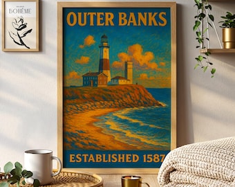 Poster di viaggio di Outer Banks, Carolina del Nord, dipinto, arte murale sulla spiaggia costiera