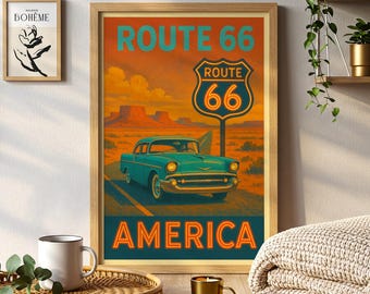 ルート66のウォールアート、カリフォルニアプリント、ルート66の水彩画