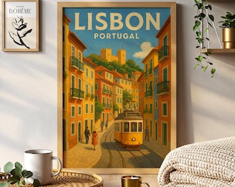 Lissabon Portugal Kunst | Buntes Stadtansicht-Europäisches Reise-Plakat