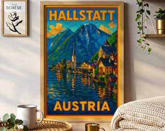 Impresión vintage de un lago europeo con un pueblo alpino de Hallstatt, Austria