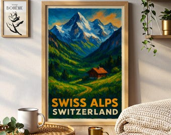 スイスアルプスの水彩画：牧草地の牛の風景画 - Etsy 日本