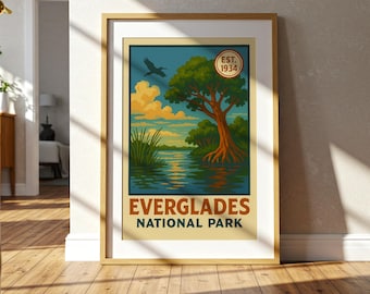 Póster vintage del Parque Nacional Everglades, impresión artística de los humedales de Florida
