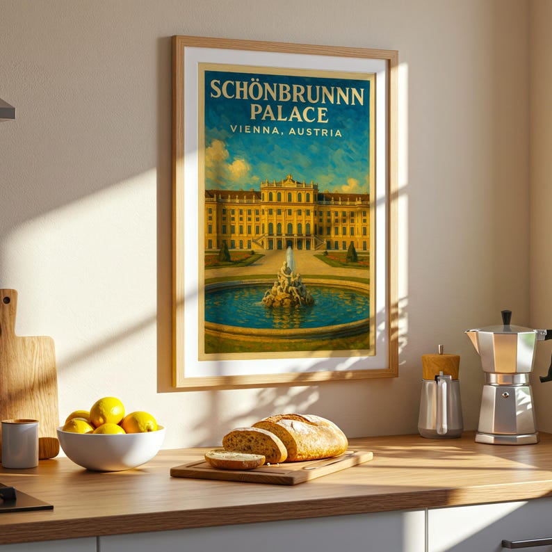 May include: Framed art print of Sch&ouml;nbrunn Palace in Vienna, Austria. The artwork features a detailed illustration of the palace, a fountain, and a blue sky. The print is in a wooden frame and is displayed in a kitchen setting.