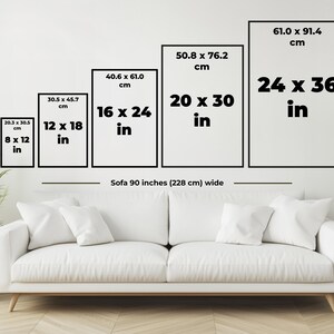 May include: Five framed art prints of varying sizes, from 8 x 12 inches to 24 x 36 inches, are displayed above a white sofa. The dimensions in inches and centimeters are clearly labeled on each frame. The sofa is 90 inches wide.