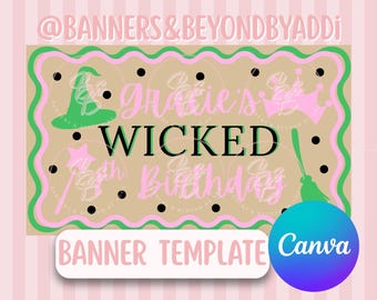 Sjabloon Wicked-thema verjaardag voor spandoek - roze en groen - bewerkbare canvassjabloon