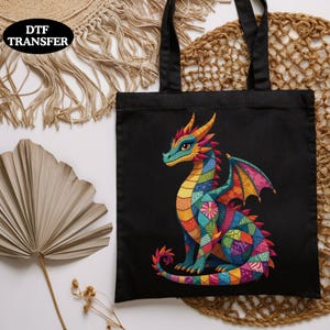 Patchwork Dragon DTF Transfer Ready to Press, Colorful Boho Dragon Iron On for Kids T-Shirts