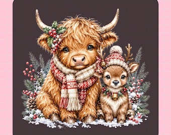 Highland Cow and Deer Christmas DTF Transfer Design (Ready to Press)