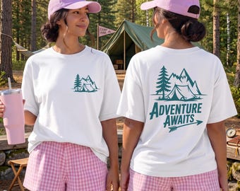 Adventure Awaits DTF Transfer: Mountains, Tent, Trees – Outdoor Camping Gear Graphic
