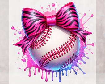 May include: A baseball with pink stitching and a pink and black zebra-striped bow. The baseball is surrounded by pink and blue paint splatters. The text "DTF TRANSFER" and "DAILY BLOOM" are in yellow.