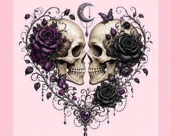 Gothic Skull Couple DTF Transfer, Purple Roses Iron On