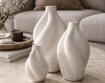 White Vase Set of 3, Textured Ceramic, Sculptural Modern Decor, Organic Shape, Stoneware