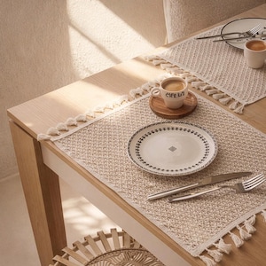 Mantel individual de ganchillo estilo bohemio con borlas, mantel individual tejido de algodón, decoración rústica para comedor