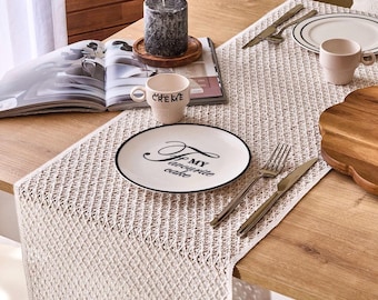 Crochet Table Runner Tassel Woven Cotton Farmhouse Dining Table Decor