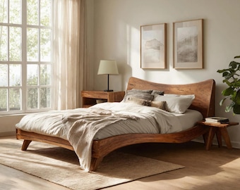 Solid Wood Platform Bed Frame, Handmade Walnut Bed, Organic Modern Bed Frame, Japandi Bedroom Furniture, Rustic Wooden Bed, Oak Bed