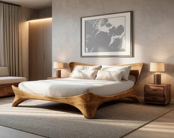 Estructura de cama moderna orgánica de madera maciza, cama plataforma de nogal hecha a mano, cama Japandi de lujo, estructura de cama de madera escultural, muebles de dormitorio