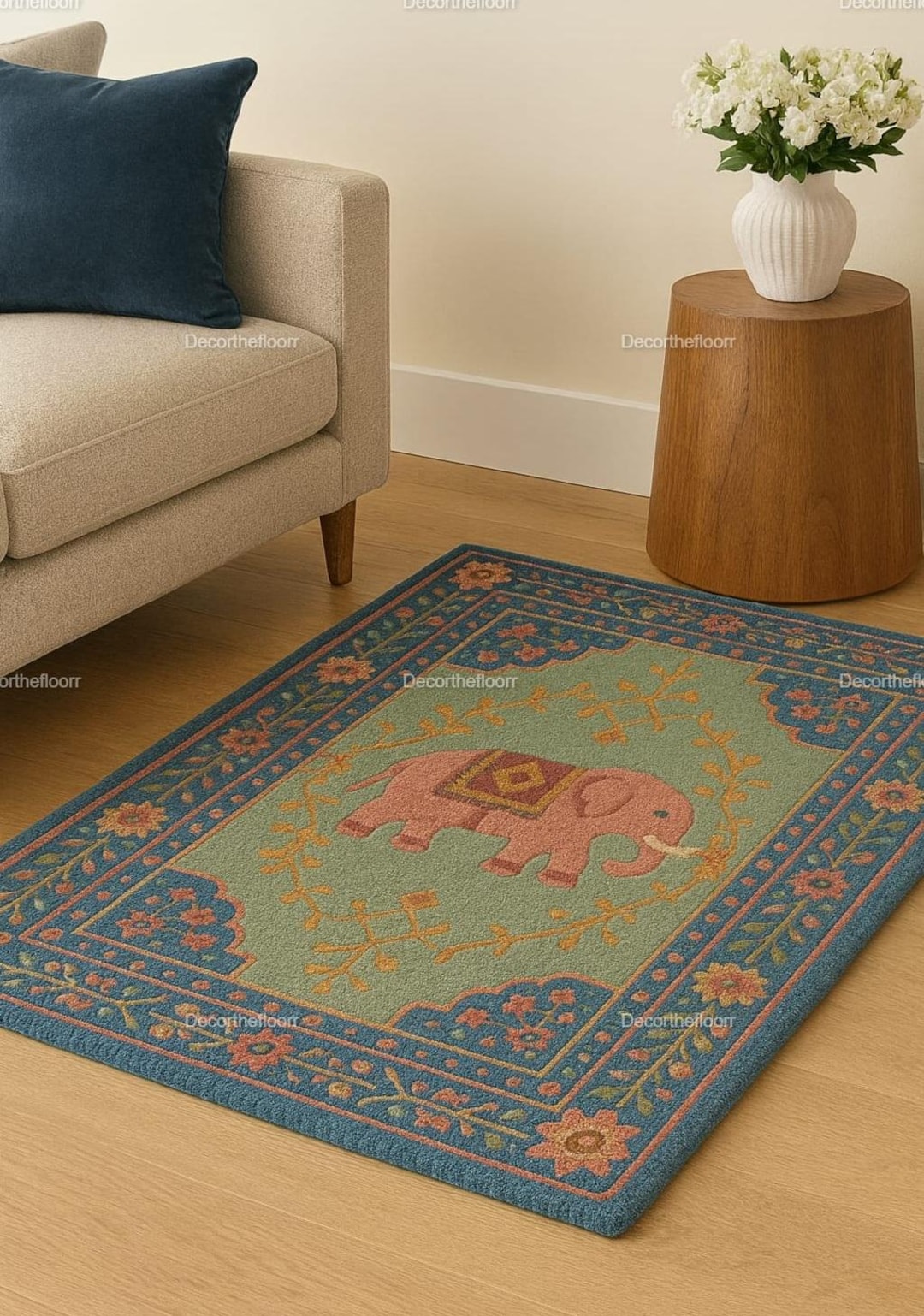 Handmade Wool Elephant Rug: Boho Indian Tufted Carpet - Etsy