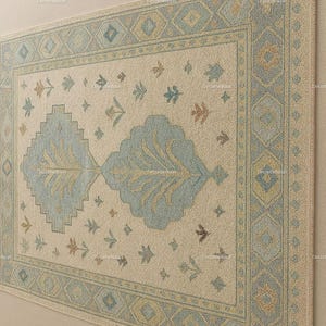 Handmade Oushak Beige and Blue Rug, Vintage Floral Wool Area Carpet for Living Room Bedroom 5x8 6x9 7x10 8x10 9x12 12X18 Custom Area Rug