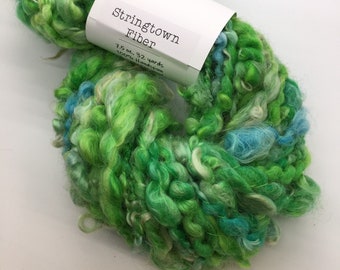 Handspun Art Yarn, 7.5 oz, 32 yards, Lockspun Teeswater Wool, Greens and Blues, 2-ply, Super Bulky Weight, Soft, Rustic, Textured, Weaving