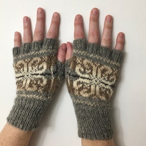 Hand Knit Fingerless Gloves, Natural Colored Local Farm Yarn, Motif Pattern, Adult Size S/M, Wool and Mohair, Natural Fibers image 1