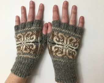 Hand Knit Fingerless Gloves, Natural Colored Local Farm Yarn, Motif Pattern, Adult Size S/M, Wool and Mohair, Natural Fibers