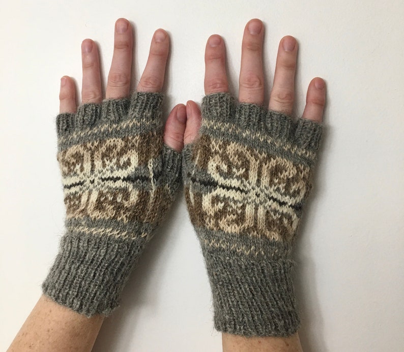 Hand Knit Fingerless Gloves, Natural Colored Local Farm Yarn, Motif Pattern, Adult Size S/M, Wool and Mohair, Natural Fibers image 1