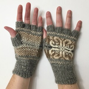 Hand Knit Fingerless Gloves, Natural Colored Local Farm Yarn, Motif Pattern, Adult Size S/M, Wool and Mohair, Natural Fibers image 2