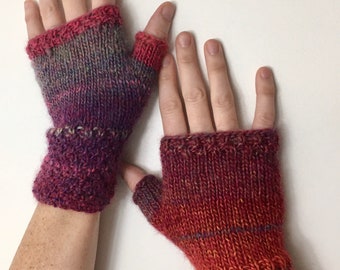 Hand Knit Fingerless Gloves, Delightfully Mismatched, Gradient Color, Purples, Orange, Pink, Adult Size M, Wool Blend, Makes Great Gift!