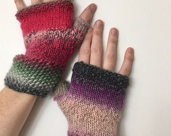 Hand Knit Fingerless Gloves, Delightfully Mismatched, Gradient Color, Purples, Pinks, Adult Size M, Wool Blend, Makes Great Gift!