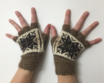 Hand Knit Fingerless Gloves, Natural Colored Local Farm Yarn, Motif Pattern, Adult Size S/M, Wool and Mohair, Natural Fibers