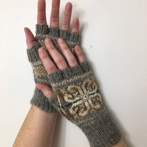 Hand Knit Fingerless Gloves, Natural Colored Local Farm Yarn, Motif Pattern, Adult Size S/M, Wool and Mohair, Natural Fibers image 5