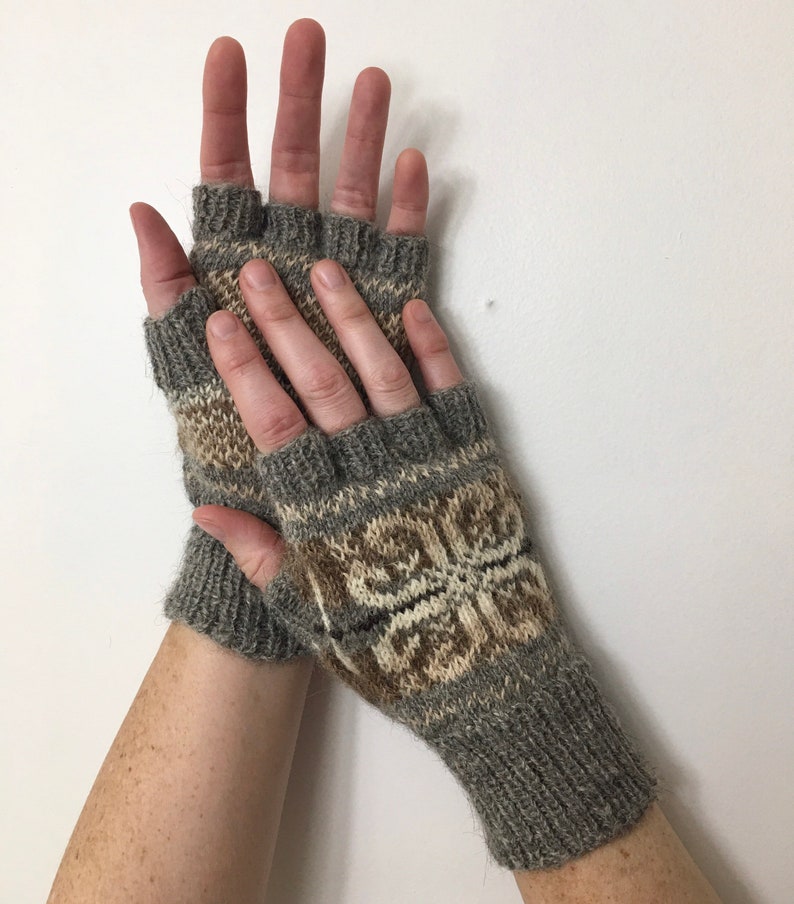 Hand Knit Fingerless Gloves, Natural Colored Local Farm Yarn, Motif Pattern, Adult Size S/M, Wool and Mohair, Natural Fibers image 5
