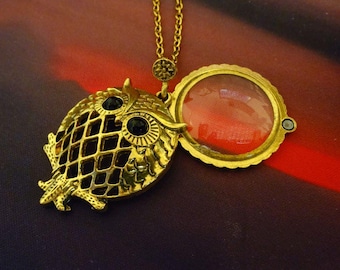 Collier loupe hibou - Finition dorée - Chaîne de 45 cm