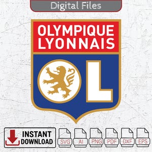 May include: A digital file featuring the Olympique Lyonnais logo. The logo is a shield shape with a red top section and blue bottom section. The text "OLYMPIQUE LYONNAIS" is in white. The logo includes a gold lion and the letter "L".